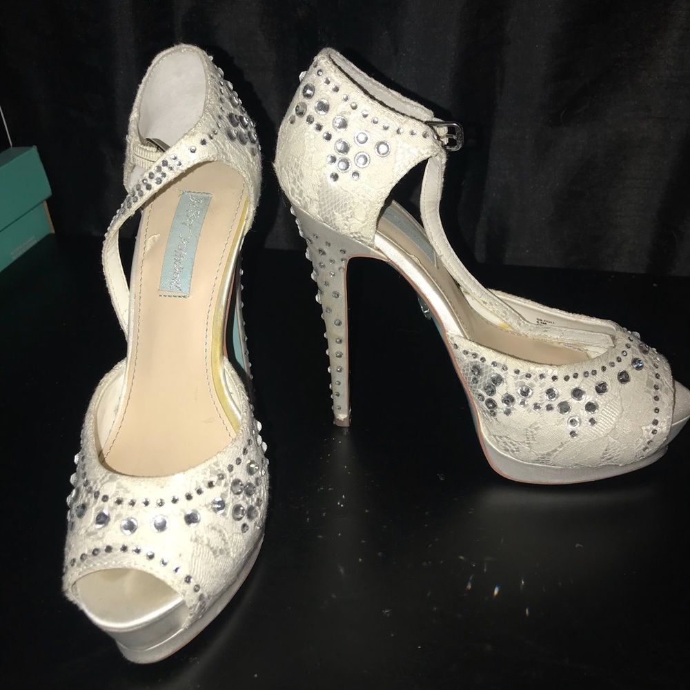 White rhinestone Betsey Johnson heels